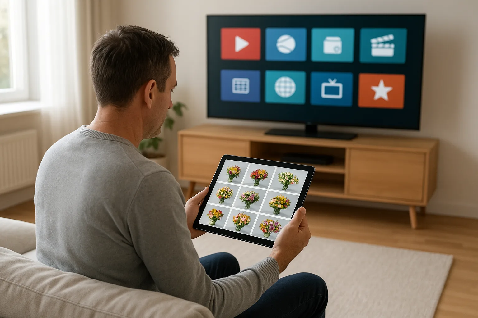 Personne comparant des bouquets TV sur une tablette, écran TV affichant des vignettes de chaînes dans un salon moderne en Fra