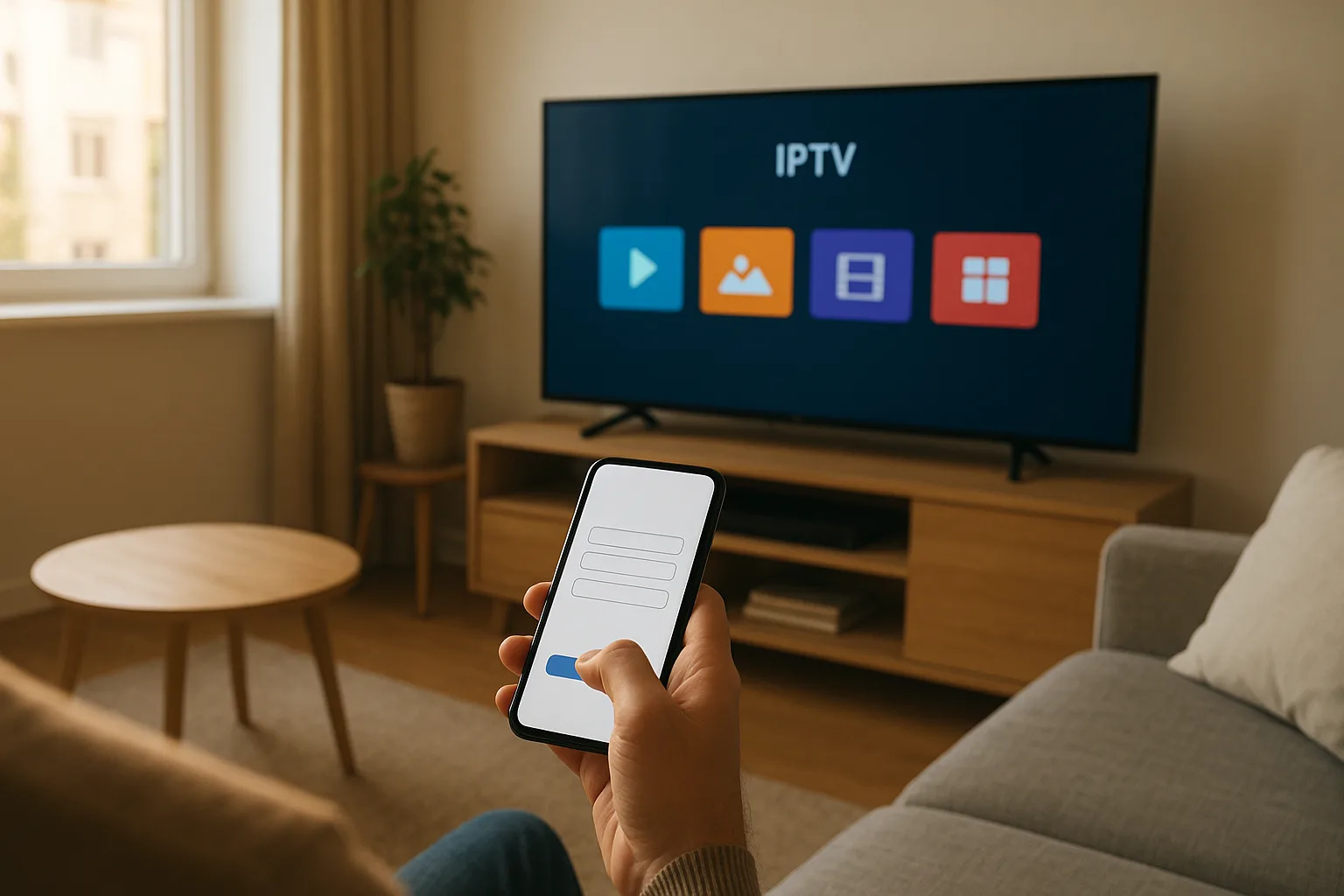 Utilisateur en France activant IPTV Smarters sur une TV avec un smartphone affichant des identifiants IPTV.
