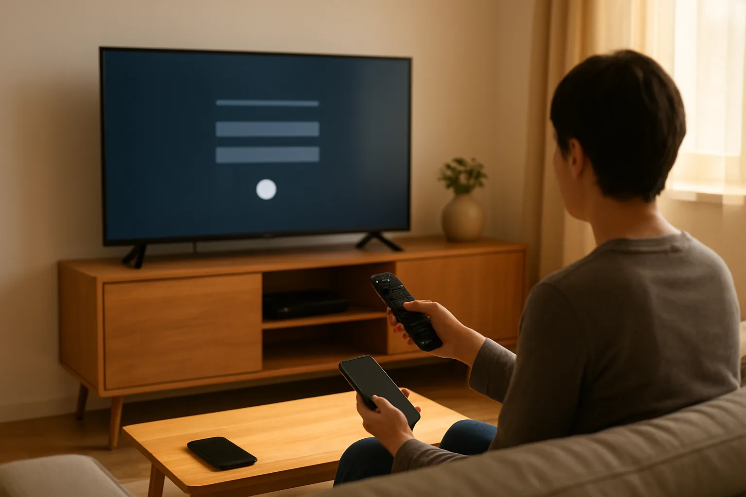 Utilisateur entrant un code IPTV sur une Smart TV via une application IPTV dans un salon moderne.