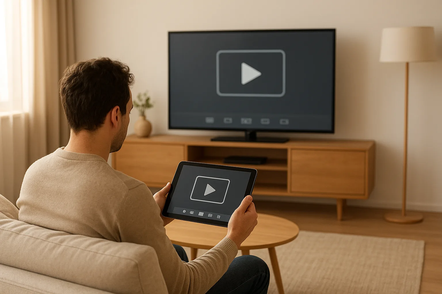 Personne testant un code IPTV sur une tablette tandis qu’une Smart TV affiche un lecteur IPTV dans un salon lumineux.