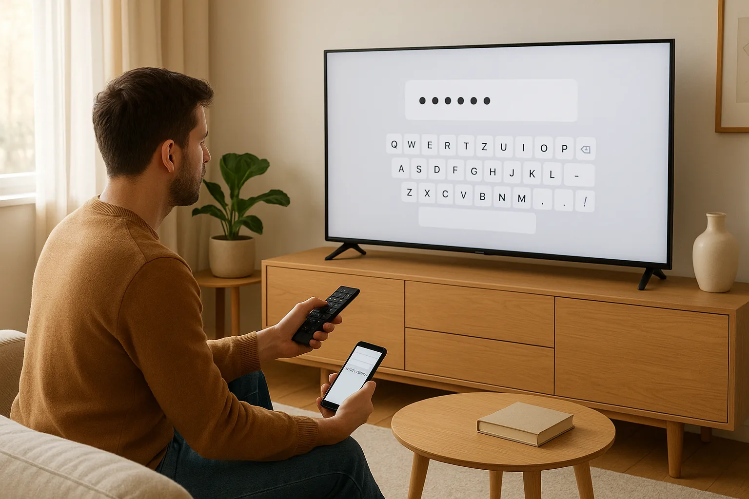 Utilisateur entrant des identifiants IPTV Smarters sur une TV, avec un smartphone à la main pour copier l’URL M3U.