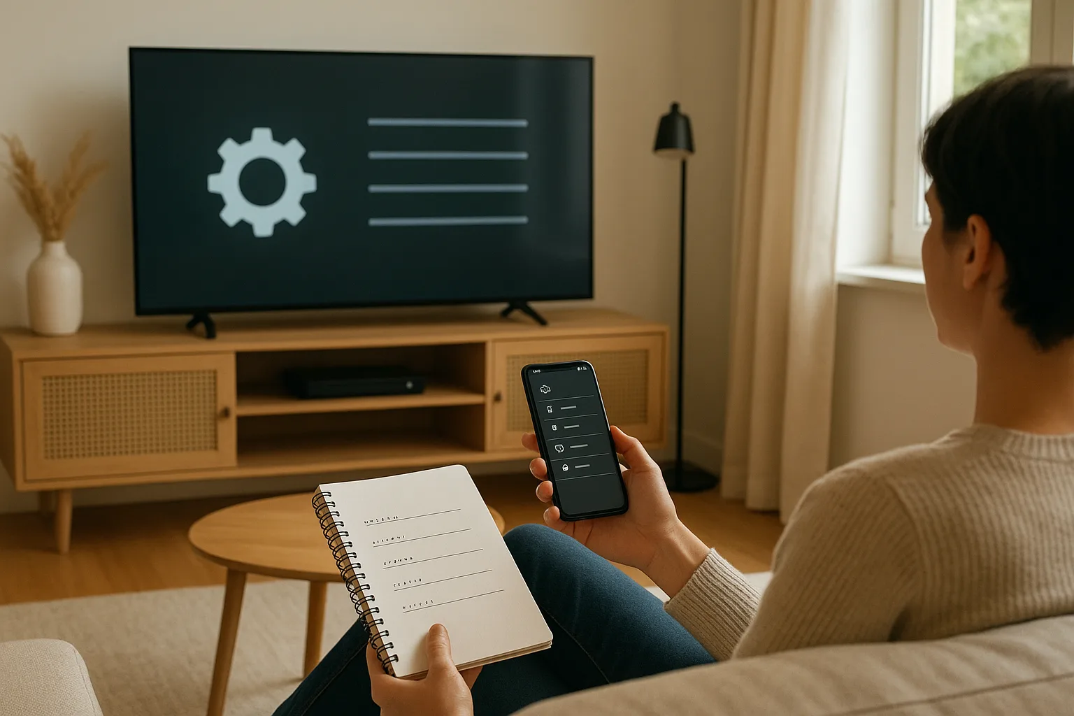 Utilisateur français configurant une app IPTV à la maison avec un lien M3U et des identifiants Xtream sur une TV et un smartp