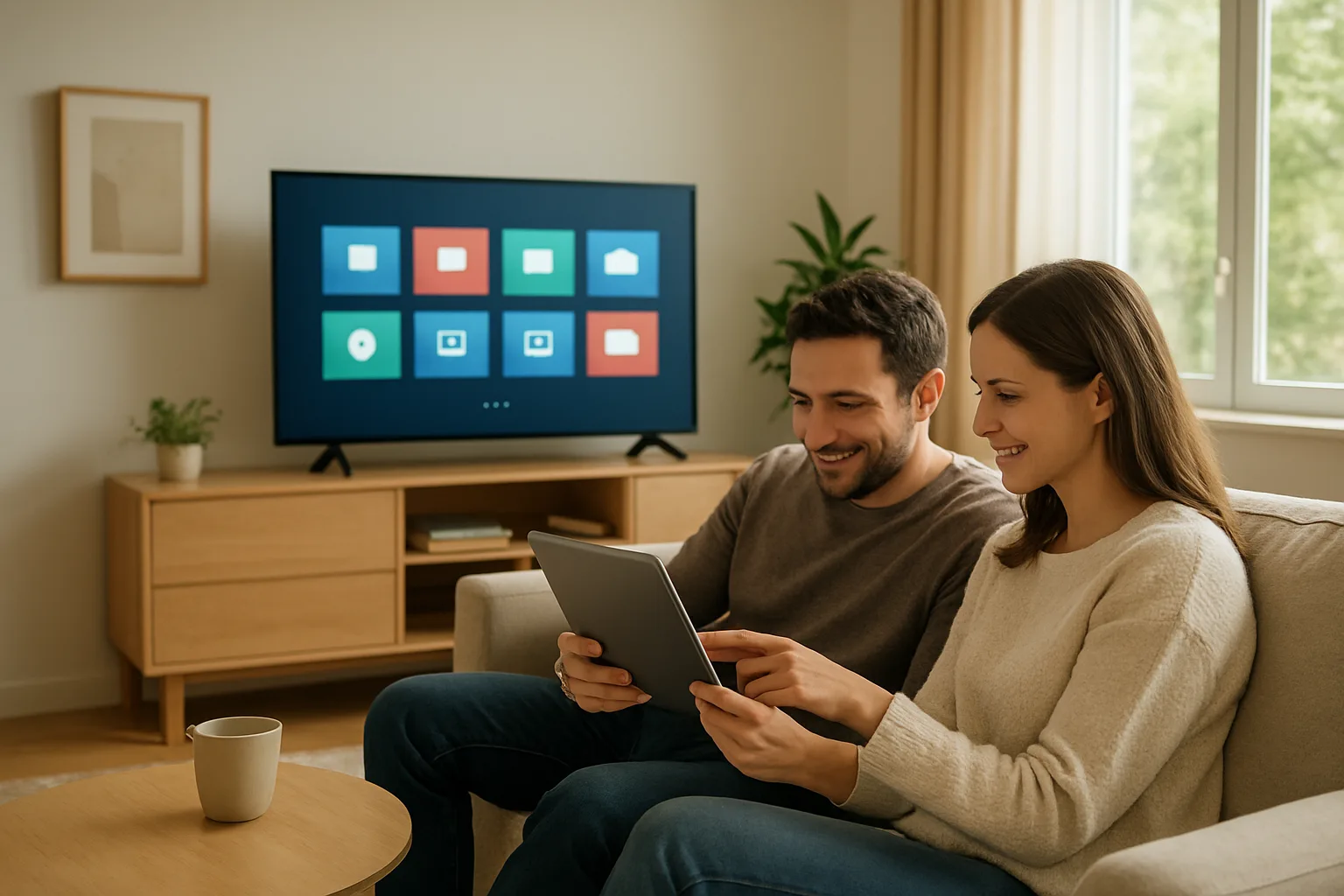 Salon moderne en France avec une Smart TV affichant une interface de télévision Internet, un couple consulte une check‑list s