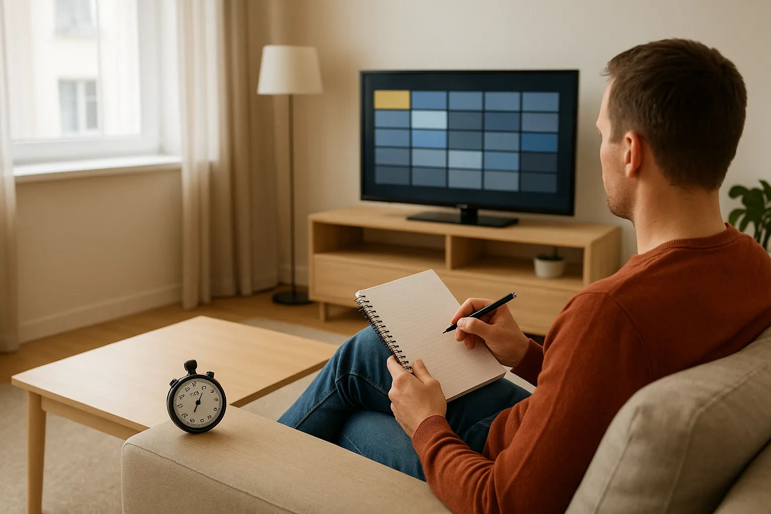 Personne testant un service TV en streaming sur une télévision, carnet de notes et chronomètre sur la table, salon moderne en