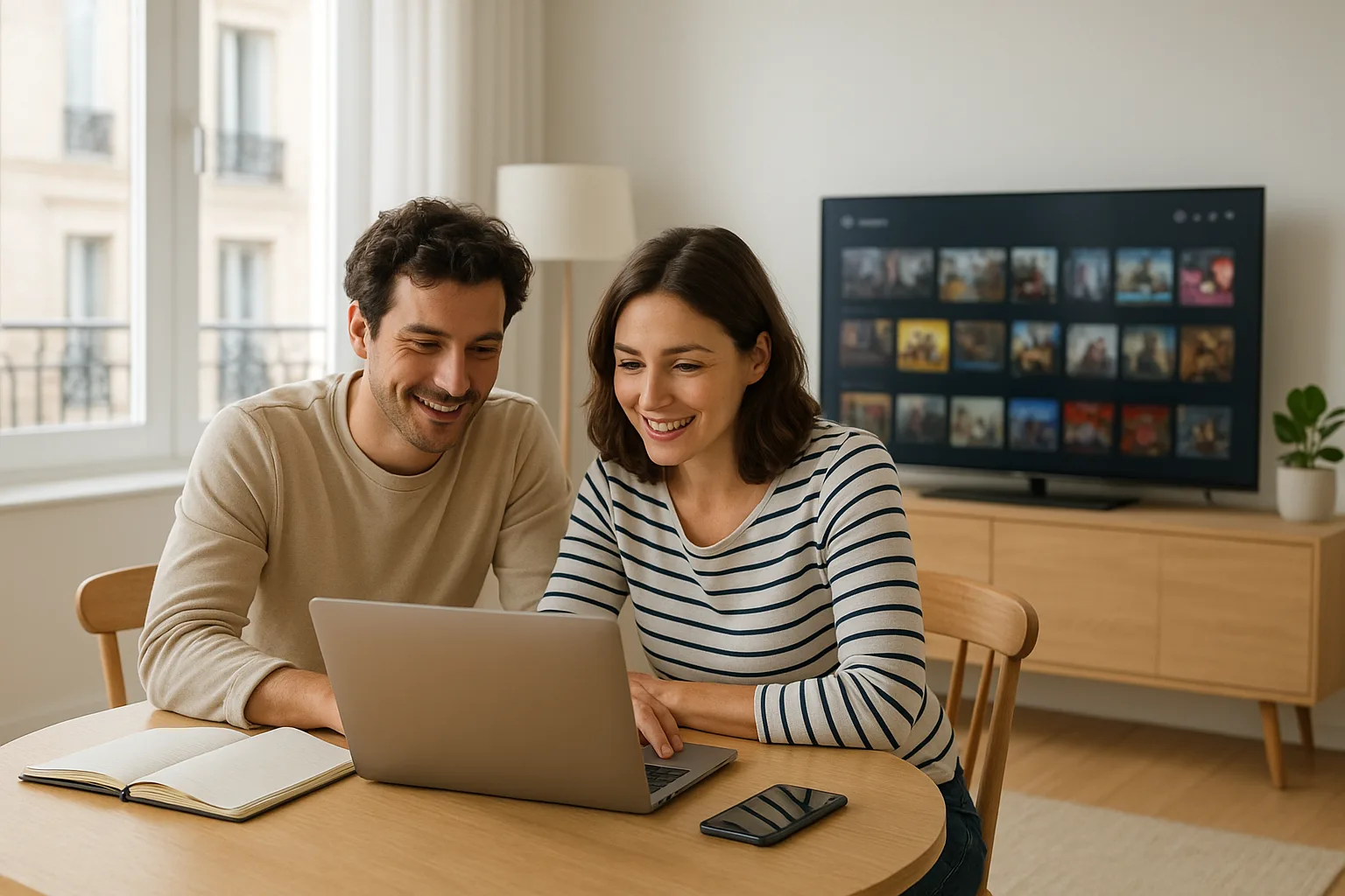 Couple français comparant des offres IPTV sur un ordinateur portable dans un salon moderne avec une Smart TV allumée en arriè
