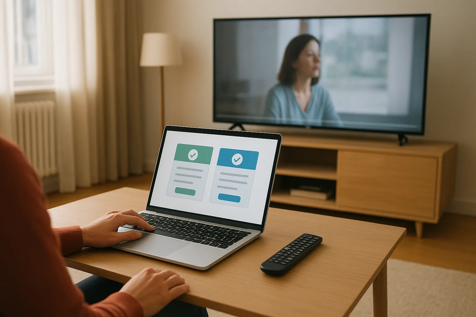 Utilisateur en France comparant des options d’abonnement IPTV mensuel et annuel sur un ordinateur portable, avec une Smart TV