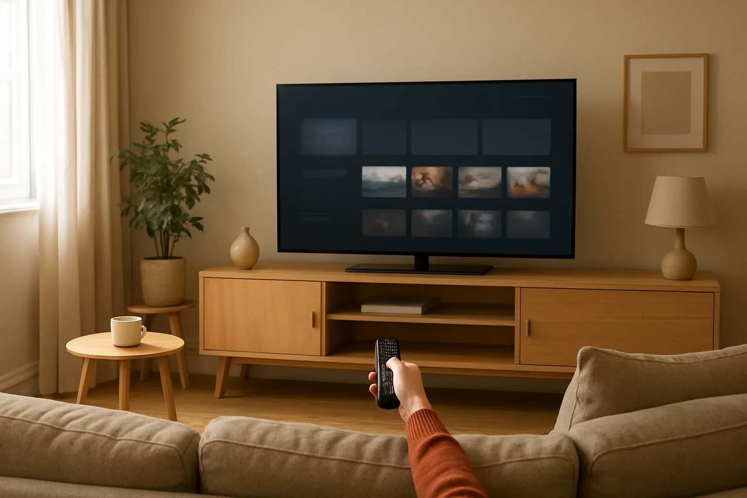 Une personne utilise une application IPTV sur une TV dans un salon lumineux, télécommande à la main.