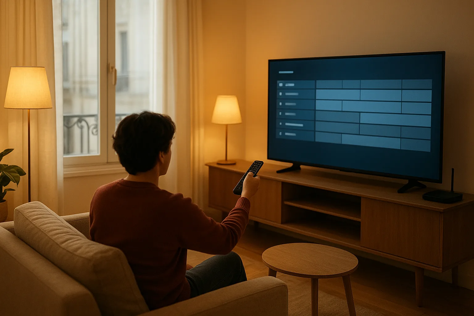 Utilisateur configurant une application IPTV sur une Smart TV depuis le canapé avec la télécommande.