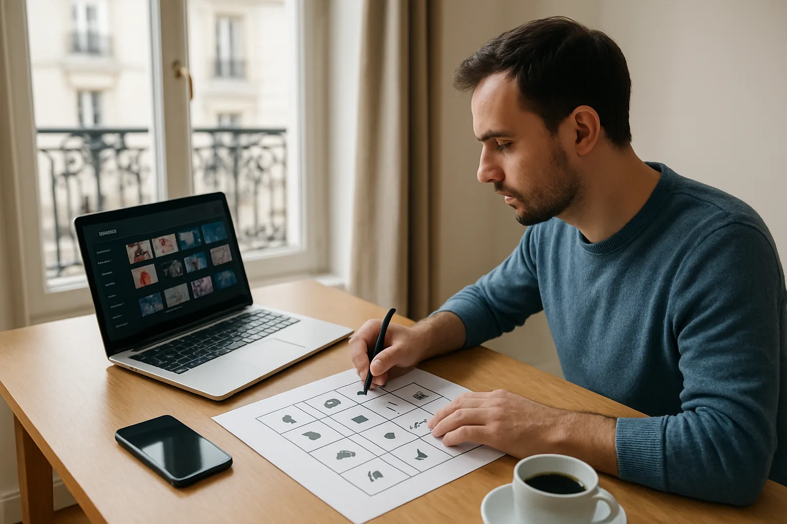 Acheteur français comparant des offres IPTV sur un ordinateur portable avec une checklist papier à côté
