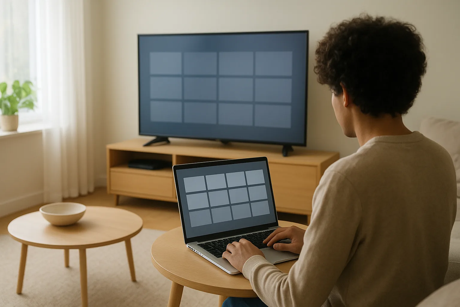 Un utilisateur en France comparant des offres IPTV sur un ordinateur portable, avec une TV allumée en arrière‑plan dans un sa