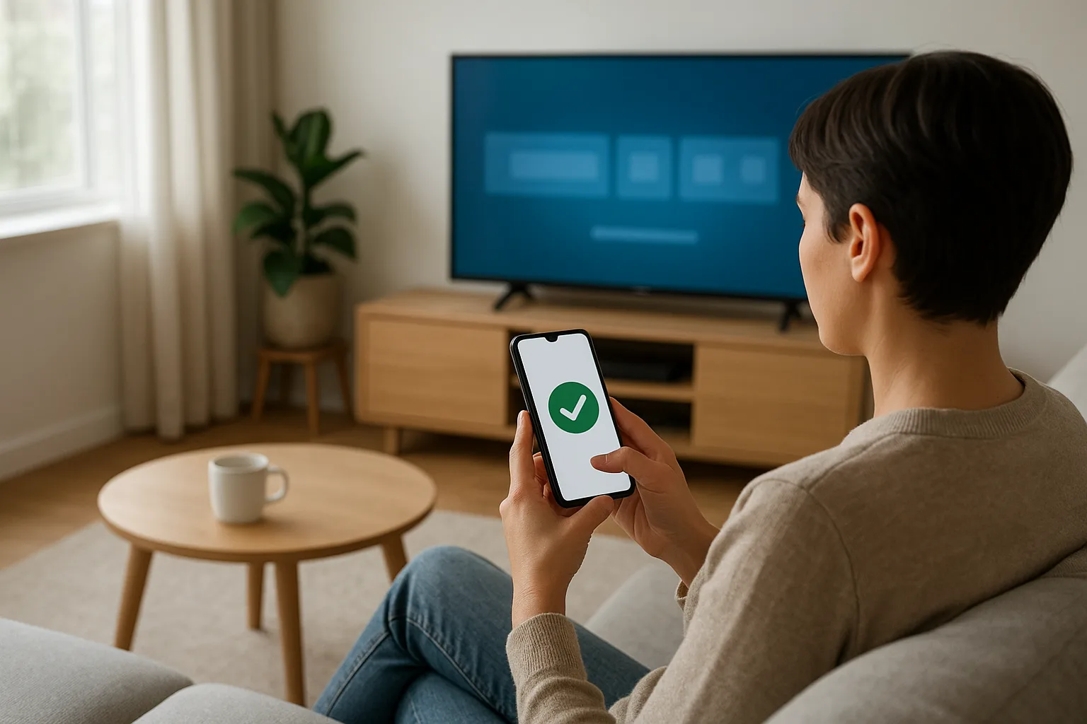 Utilisateur renouvelle son abonnement IPTV sur un smartphone dans un salon moderne avec une Smart TV allumée en arrière-plan.